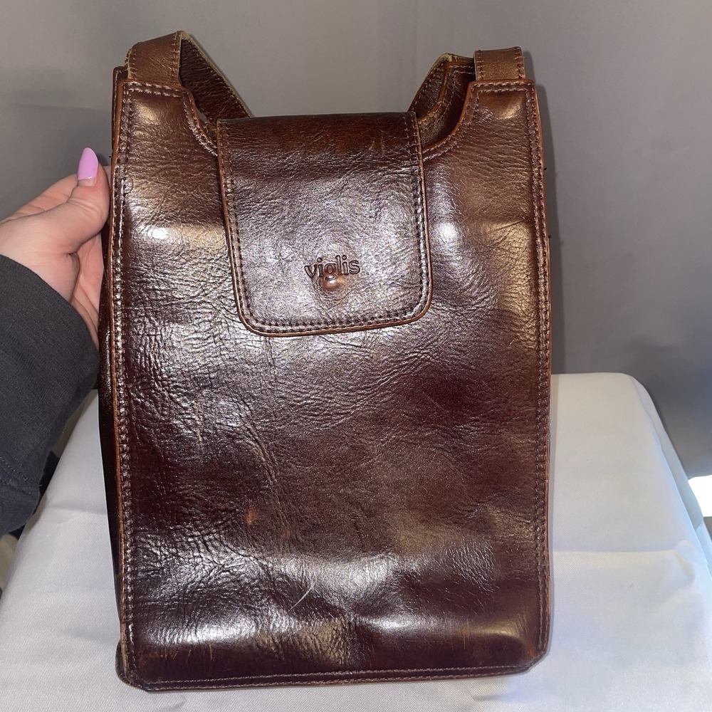 Viglis 1990's Dark Brown Leather Long Strap Shoulder Bag Purse 3 Compartment